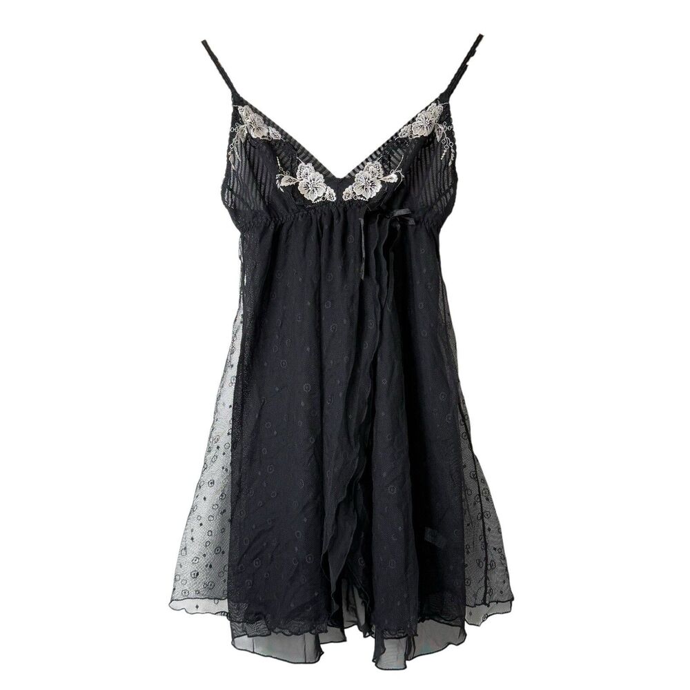 Y2K Babydoll Mini Dress Womens M Fairy Mesh Embroidered Whimsigoth Romantic Boho
